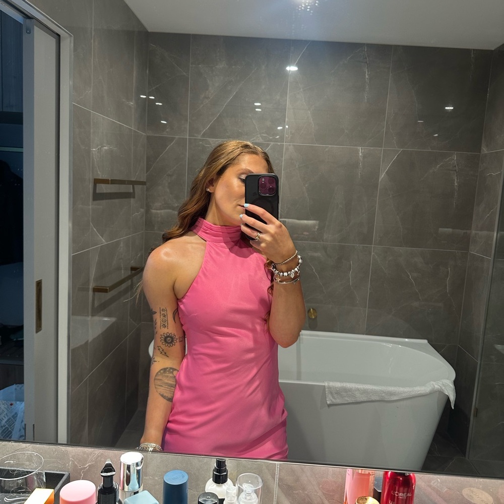 Meshki Claire satin back drape halter neck dress